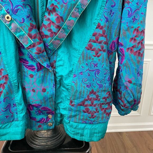 Vintage 90s 94 Lady Lavon Teal Satin Print Winderbreaker Jacket 1X - Picture 3 of 11